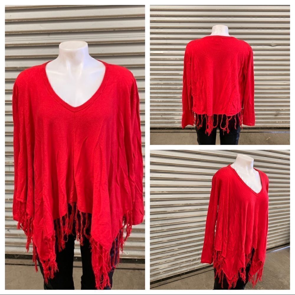 One7Six red poncho with sleeves and fringe